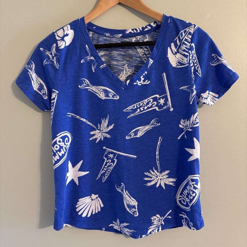 Sonoma Women’s PS Blue Short Sleeve T-shirt Nautical Fish Tropical Sea Coastal